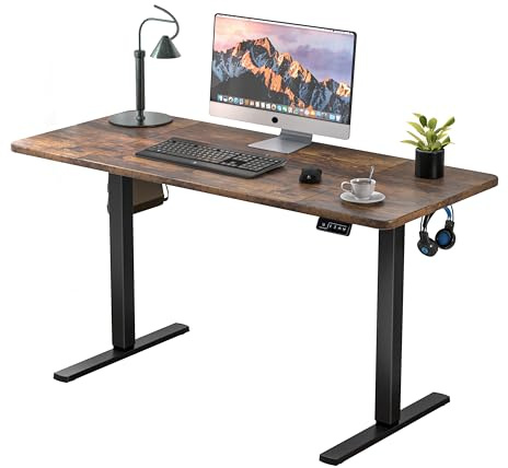 ERGOMAKER Electric Standing Desk 140x60cm (55.1x23.6), Height Adjustable Standing Desk with Splice Board, Stand Up Desk with Hook and Memory Smart Handset(Black Frame + Rustic Brown Desktop)