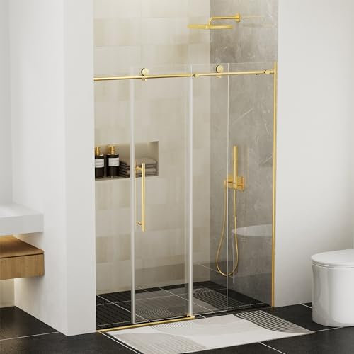 Findepot Frameless Sliding Shower Door 56-60 in W x 75 in H,Frameless Shower Door with 5/16 (8mm) Clear Tempered Glass,Silent Soft-Close Design,Gold