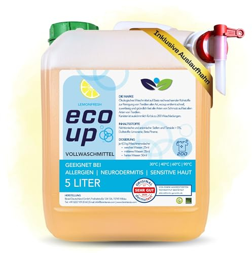 ecoUp Detersivo liquido ecologico, 5 l, per chi soffre di allergie, neonati e pelle sensibile, neurodermite, psoriasi, profumo di limone, 200 lavaggi, 30-90 °C (5 l profumo di limone + rubinetto)