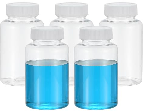 PATIKIL 5 Stück 250ml Kunststoff Flasche, PET Weithalsflasche Rundflaschen mit Schraubverschluss für die Lagerung von Laborwasser, Pillenflaschen Wasserprobenflaschen, transparent