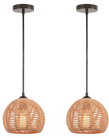 LIGKIN 2 Piezas Lámpara Colgante Vintage Ratán E27 Retro Lámpara de Suspensión Ratán Araña Ø20cm Jaula de Metal y Cuerda de Cáñamo Lámpara de Techo para Salón Dormitorio Cocina