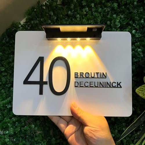 GUANKE House Numbers Plaques With Solar Lights, Personalised Acrylic Door Signs, House Plaque With Numbers And Addresses, Solar House Number For Outside Door, Led House Numbers Signs (White)