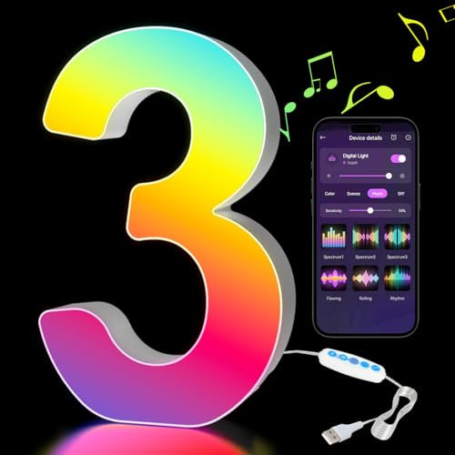 Kangtaixin LED Number Lights RGB Color Changing, Light Up Marquee 0-9 Digits Lights Sign with USB Power Supply, APP Control, Dimmable, Decoration for Birthday Party Gifts Christmas Wedding - Digit 3