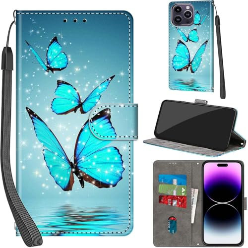 PHINIENLAND For iPhone 14 Pro Max Leather Wallet Case,Flip Protective Book Cover with Card Holder,Stand Wrist Strap Magnetic Flip Cover Compatible with for iPhone 14 Pro Max Case -Butterfly