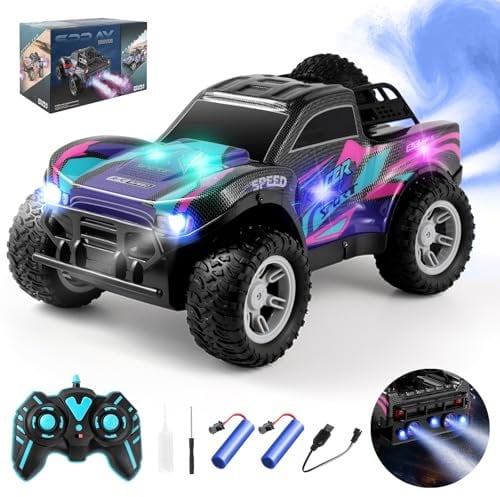 Voiture Telecommandé Enfant, Voiture TéléCommandée Tout Terrain avec Spray, Lumières et Effets Sonores, 2.4 Ghz Camion Telecommande à Grande Vitesse, Voiture Radiocommandée Cadeaux Jouets Garçons 6-12