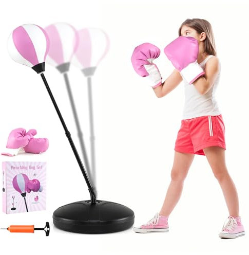 DREAMADE Boxset Standboxsack mit Boxhandschuhen & Pumpe, 81-123,5cm höhenverstellbares Punchingball Set mit Großer Kapazitätsbasis für Kinder ab 3 Jahren (Rosa)
