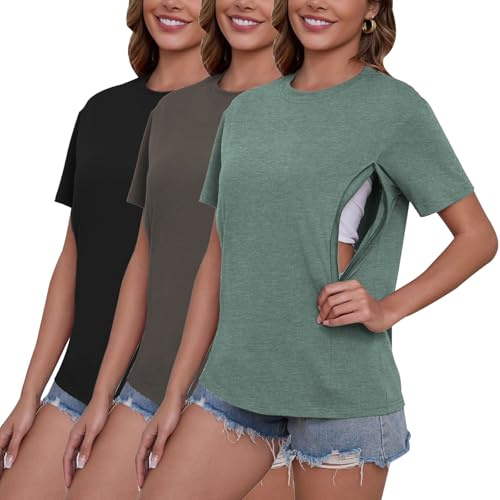 Love2Mi 3er/4er Set Stillshirt mit verstecktem Reißverschluss Stillöffnung kurzen Umstandstop Stillen T-Shirt für Schwangere