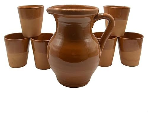 7 Piece Ceramic Bar Set - Jug with 6 Matching Glasses - Italian Handmade Craft - Ideal for Serving Water, Wine or Aperitifs - Rustic Style