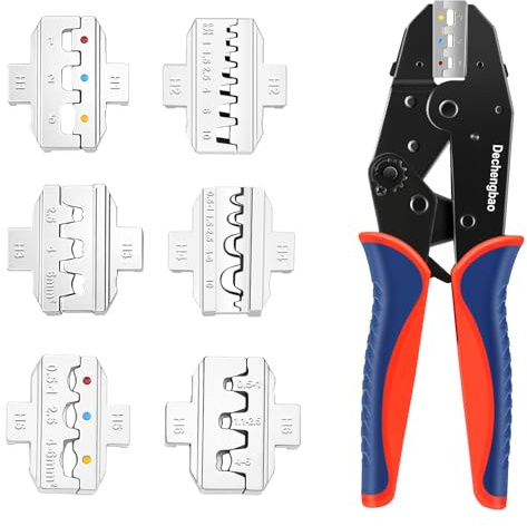Juego de herramientas de crimpado, kit de herramientas de alicates de cable de trinquete, crimpadora de terminales eléctricos Dechengbao con 6 cabezales para un cambio rápido, termorretráctil/aislado