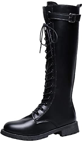 Stivali da donna con lacci, impermeabili, alti al ginocchio, scarpe grosse, eleganti, comode, resistenti, classiche, con cerniera laterale, stivali da motociclista militari all'aperto, Nero , 36.5 EU