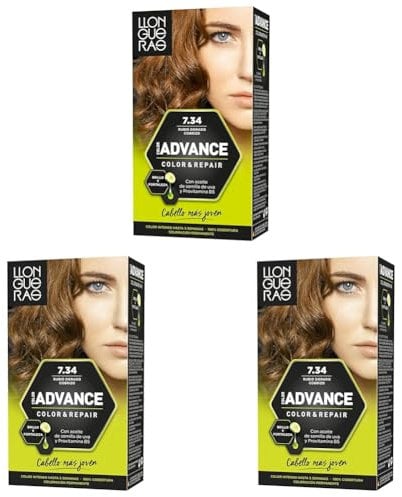 Llongueras Color Advance Tinte Pelo Mujer Coloración Permanente Color Intenso Hasta 5 semanas - Tono 7.34 Rubio Dorado Cobrizo (Paquete de 3)