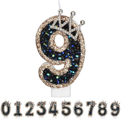 Gleemix Geburtstagskerzen Krone Zahlen 9, Schwarz Zahlenkerze Glitzernde, Cake Topper 9. Geburtstag für Geburtstag Party, Hochzeiten, Firmenfeiern, Jubiläen, Birthday Candle Nummer