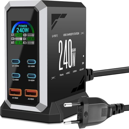 Glitfix 240W USB C Ladegerät Mehrfach, 6Ports Schnellladegerät Ladestation mit 4 USB C + 2 USB A Ports für MacBook Pro/Air, iPad/iPhone 15Pro/Sumsung usw