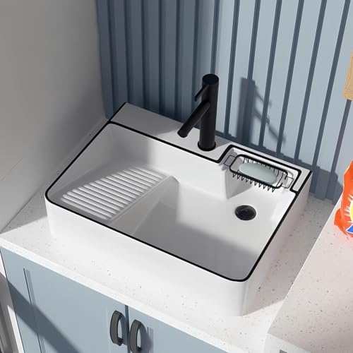 Lavabo Rectangular de Cerámica, con Tabla De Lavado Rectangular Sobre El Mostrador, Lavabo De Arte Bañera con Grifo Extraíble para Baño, Lavadero, Balcón y Patio.(Derecha)