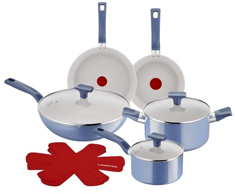 Lagostina Nettuno, Set di Padelle e Pentole Antiaderenti 12 Pezzi in Alluminio Riciclato, Rivestimento Mineralia, Indicatore di Calore Thermo-Signal, Manico Rivettato, Compatibili con Induzione