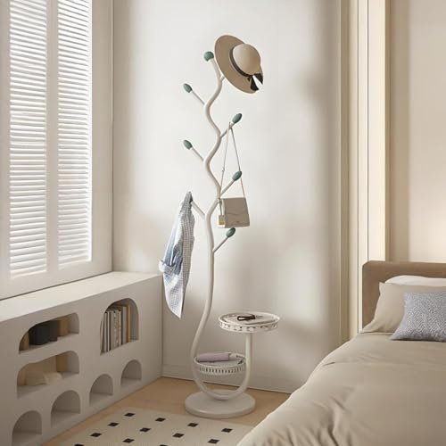 Baumförmiger Garderobenständer mit 2 Ablagen, Kleiderständer Weiß mit Ablage, Kohlenstoffstahl, 8 Haken, Jackenständer Stabil Stehend, Hanger Stand, Lackiert, Garderobenständer Stabil, 170cm (Weiß)