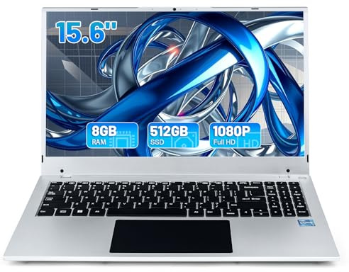 Hcjip Ordinateur Portable 15,6 Pouces, 16Go RAM 512Go SSD PC Portable, Celeron N5095 Processeur Quad-Core, FHD 1080P, USB 3.0, Mini HDMI, TF, Bluetooth, WiFi (Argent Clair)