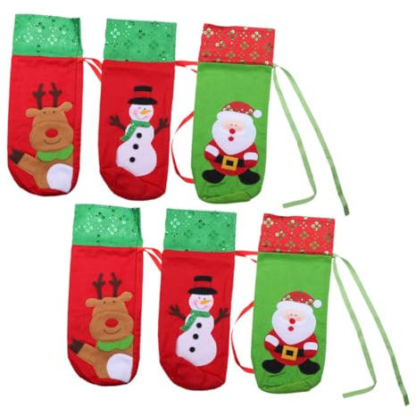 Veemoon 6pcs Christmas Wine Bottle Covers Decorative Xmas Elements Wine Bags Drawstring Bags for Xmas Party Bottle Decors