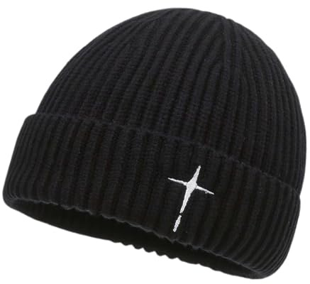 Generisch Strickmütze mit gesticktem Kreuz Klassische Unisex Beanie-Mütze für Herbst Und Winter Kopfbedeckung mit dezentem glaubens-Symbol Wintermütze Beanie Mütze
