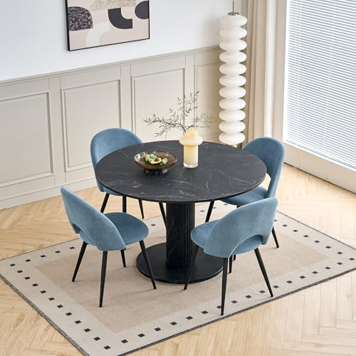 DEYARNA HOME 115cm Runder Esstisch mit 4 Esstischstühlen, Küchentisch aus MDF (Marmor-Imitat-Optik) und 4 Gepolsterte Stühle für Küche, Esszimmer, Wohnzimmer (Schwarzer Tisch + Blaue Stühle)