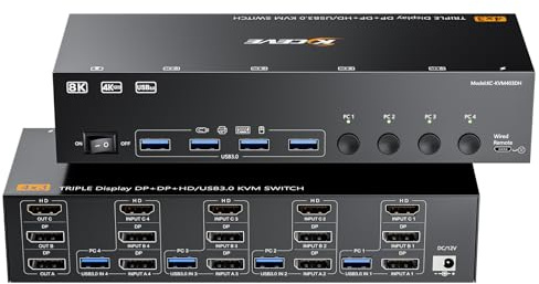 KVM Switch 3 Monitore 4 PC, 2 Displayport + 1 HDMI USB 3.0 KVM-Umschalter, unterstützt 4K@60 Hz für 3 Computer, die sich 2 DP-Monitore, Tastatur und Maus teilen