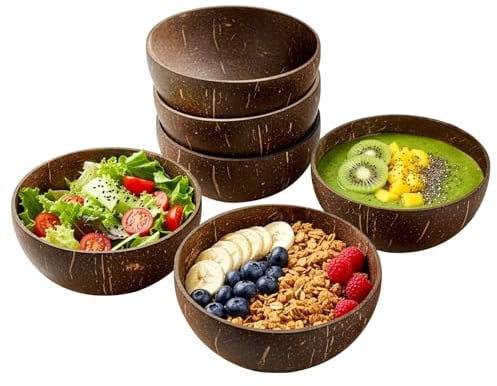 evergoods 6PCS Coconut Bowls Polished Salad Bowls | Handcrafted Eco-Friendly Bowls Rustic Serving Bowls Natural Coconut Shell Bowls Set for Vegan Gifts Kitchen Decor Bowl