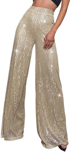 Pailetten Hose Damen Weites Bein Hose Glitzer Metallic Glänzed Lang Elegant Weites Bein Hosen Frauen High Waist Glitzerhosen Karneval Kostüm