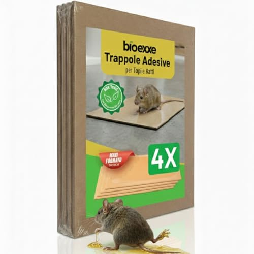 Bioexxe Tavoletta Adesiva ad Alta Tenuta con Aroma Alimentare - 4 Trappole per Topi con Colla Extra Forte per Uso Interno ed Esterno, Maxi Trappola per Topi Grandi e Ratti Senza Veleno - Made in Italy