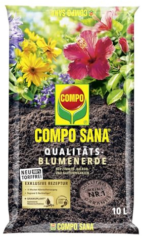 Compo SANA® Qualitäts-Blumenerde torffrei, 10 L – Universalerde für Zimmerpflanzen, Balkon- und Kübelpflanzen – strukturstabile Zimmerpflanzen-Erde mit Startdüngung – optimale Nährstoffversorgung