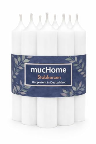mucHome Stabkerzen 8er Set – Made in Germany – Ø 2,2 x 11 cm – durchgefärbte Premium Tafelkerzen mit ca. 4 Std. Brenndauer (Weiß)