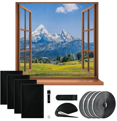 4er-Set Insektenschutz für Fenster 130x150cm, Zuschneidbares Fliegengitter mit 4 Rollen selbstklebendem Klettband, Moskitonetz ohne Bohren – Schwarz
