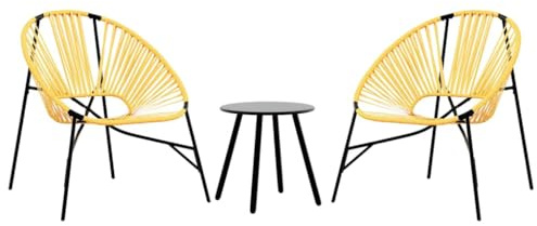 GeenYuu Gartenstuhl-Set 3-TLG. Poly Rattan Schwarz und Gelb mit pulverbeschichtetem Stahlrahmen, 2 stapelbare Gartenstühle Ei-Form und Couchtisch für Terrasse und Außenbereich
