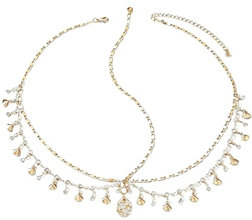 Goldenes Stirnband Damen, Boho Kopfschmuck Damen Mehrlagige Kopfkette Gold mit Tropfen- und Medaillon-Anhängern, Verstellbare Kopfkette Gold für Hochzeit, Festival, Party