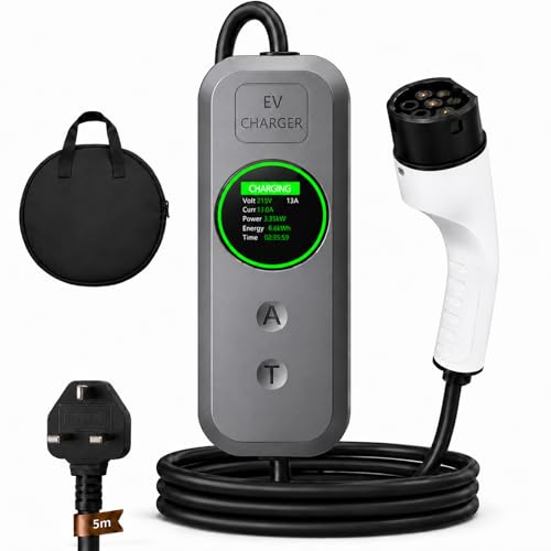EV Charger Cable Type 2 to 3 Pin Plug, 5M 3.5kW Electric Car Charger, 6/8/10/13A Adjustable Type 2 Charging Cable, EV Charger with LED Indicator, Ev Charging Cable for EV & PHEV