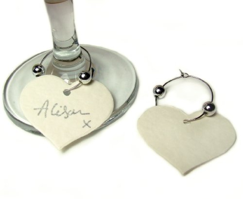 Pack of 10 Heart Shaped Wedding Place Name Card Wine Glass Stem Tags (White)
