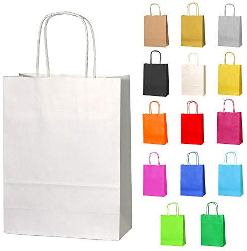 Thepaperbagstore 30 Weiße Klein Partytüten aus Papier mit Henkeln – 18x22x8cm – Bunte Geschenktüten aus Papier für Kinder, Partys, Geburtstage, Hochzeiten, Süßwaren- und Einzelhandelsgeschäfte