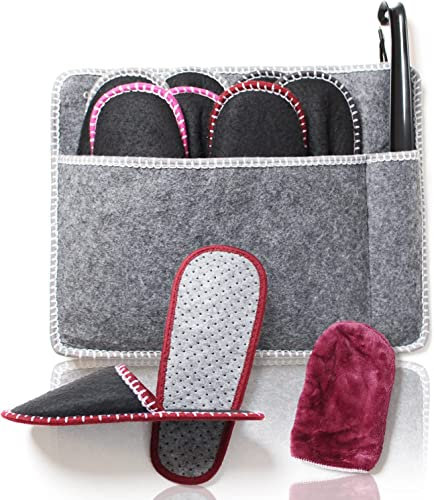 Amazy, Set di 8 paia di pantofole per ospiti, inclusa borsa portaoggetti, calzascarpe + panno per la pulizia delle scarpe, comode pantofole per ospiti, di alta qualità, in feltro con suola antiscivolo, in diverse misure (da 38 a 48)