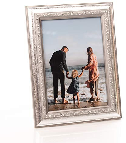 Barock Bilderrahmen für DIN A5 / 15x21 cm Fotos - Vintage Fotorahmen in Silber mit Echtem Glas für Schöne Momente | Freistehender Holzrahmen geeignet für Tisch- oder Wandmontage, Hoch- & Querformat