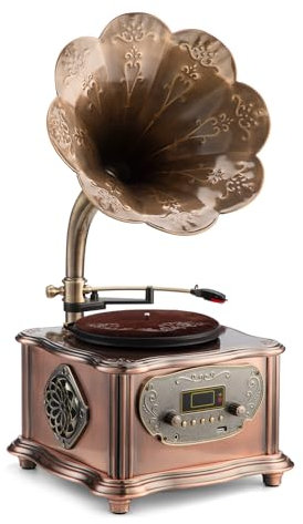 Retro Record Player with Bluetooth, Phonograph and CD Playback, Brass horn with wooden base, FM Radio, Remote Control,Built-in Speaker (VS-1722 B)