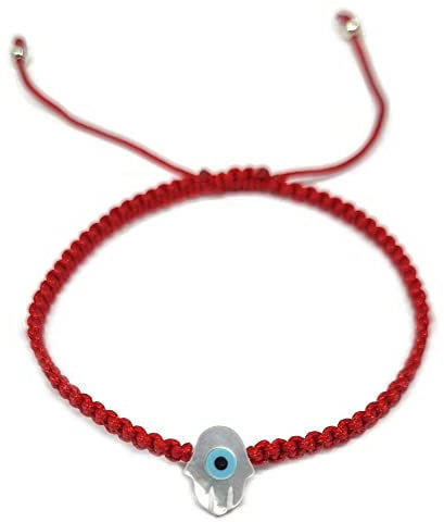 MYSTIC JEWELS By Dalia - Bracciale in filo macrome rosso con madreperla e occhio turco, per buona fortuna, protezione malocchio, Good Luck, Cotone, (Mano - Rosso)