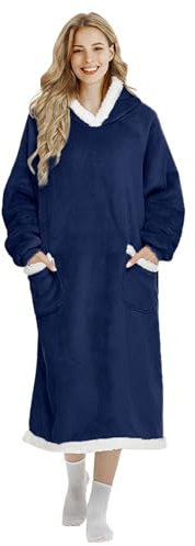 FEELJAM Kuscheldecke mit ärmeln und kapuze hoodie decke tragbare decke navy blu wolldecke mit ärmel erwachsene wearable blanket 80 x 150 cm, Navy blau hooded blanket