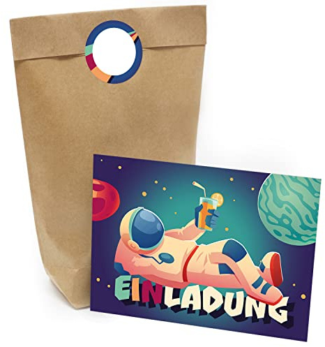 Kindergeburtstag Einladung Set mit je 8 Einladungskarten, Umschlägen, Tüten und Aufkleber - Astronaut mit Planet