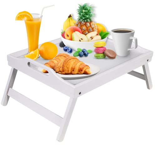 Mosii White Bamboo Bed Tray Table With Handles & Foldable Legs, Multipurpose Lap Desk & Standing Desk For Breakfast In Bed, Sofa, Eating, Platters, Working, Serving, Drawing, Laptop Stand & Snack Tray