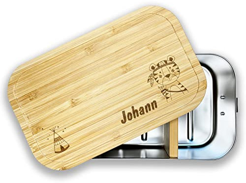 Unikatolo Brotdose mit Name personalisiert 750 ml | Tiger | Edelstahl mit Bambus | Geschenkidee für Kinder Schulanfang Geburtstag Ostern Weihnachten | Lunchbox mit Gravur optional Trennwand | Klein