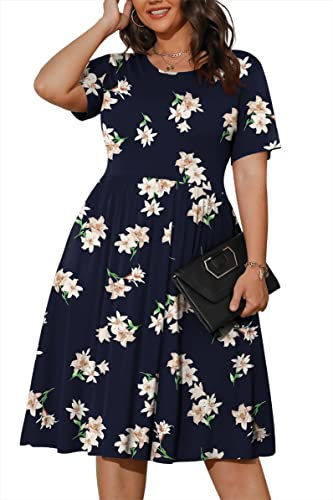 POSESHE Damen-Kleider in Übergröße, Sommer, kurzärmelig, lässig, 2023, Rundhalskleid mit Taschen, Blue Lily, 2XL