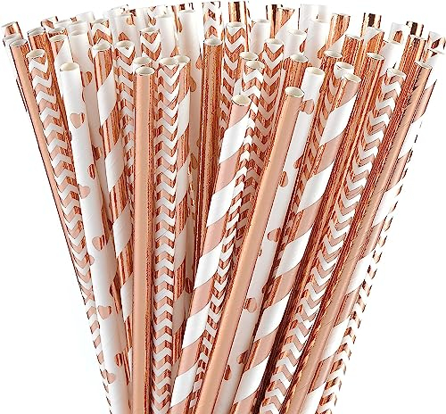 ALINK Lot de 100 pailles en papier or rose - 4 styles - Sans plastique - Pour fête de mariage, anniversaire, fête