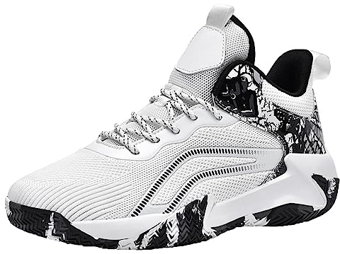 PENXZT Herren Basketballschuhe Jungen Turnschuhe Laufschuhe Outdoor-Sportschuhe Anti-Rutsch High-Top Atmungsaktive Basketball Schuhe,Weiß,42 EU