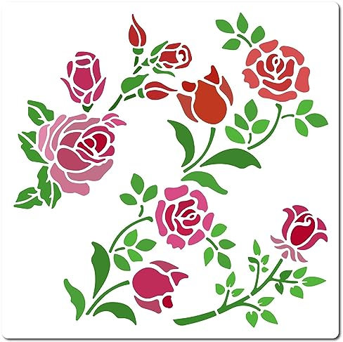 GORGECRAFT Rose Fleurs Pochoir 18x18 cm Floral Bourgeon Branche de Vigne Feuilles Motif Modèles Réutilisable Carré en Plastique Peinture Pochoirs Signe pour Notebook Scrapbooking Carte Décor Maison