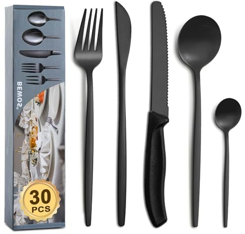 BEWOS Juego de Cubiertos de 30 Piezas Negro con Cuchillos para Filete, Juego de Cubiertos para 6, Cubiertos Aptos para Lavavajillas para Restaurantes en Casa, Grado Alimenticio 24P+6P
