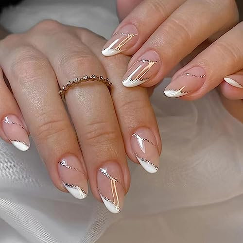 Ceboic 24Pcs Almond Press on Nails Short - Pink Glitter French Glossy False Nails With Silver Wavy Pattern, Jelly Glue - 12 Sizes Reusable Full Cover Acrylic Stick on for Women